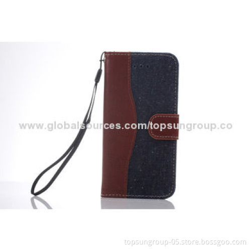 High-quality Denim + PU Flip Cases for iPhone 6 with Card Slots and Hanging Rope